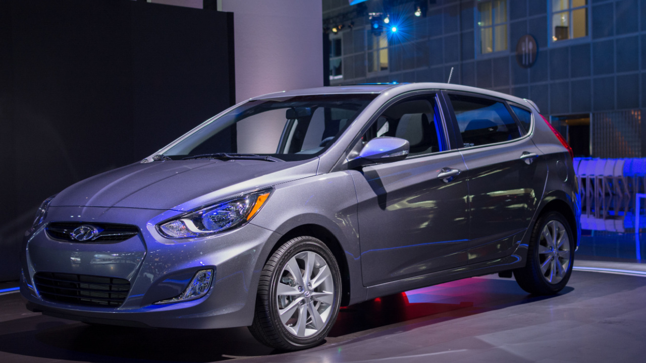 Hyundai Accent hatchback car on display at the LA Auto Show 
