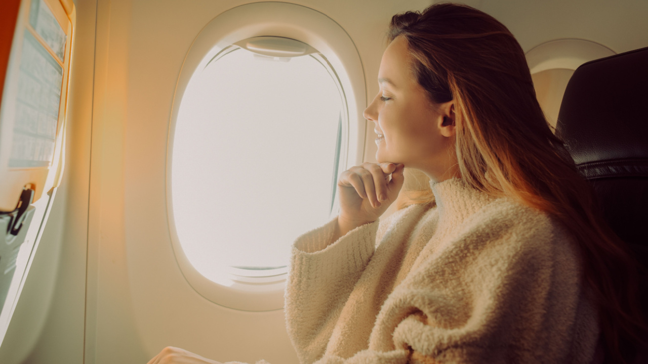 Happy woman on a plane.