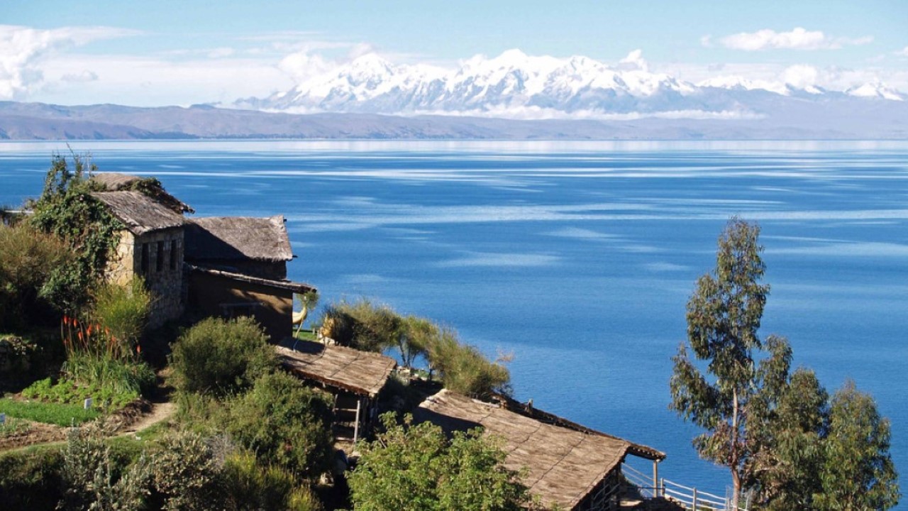 Titicaca Lake near La Paz with the Andes in the background