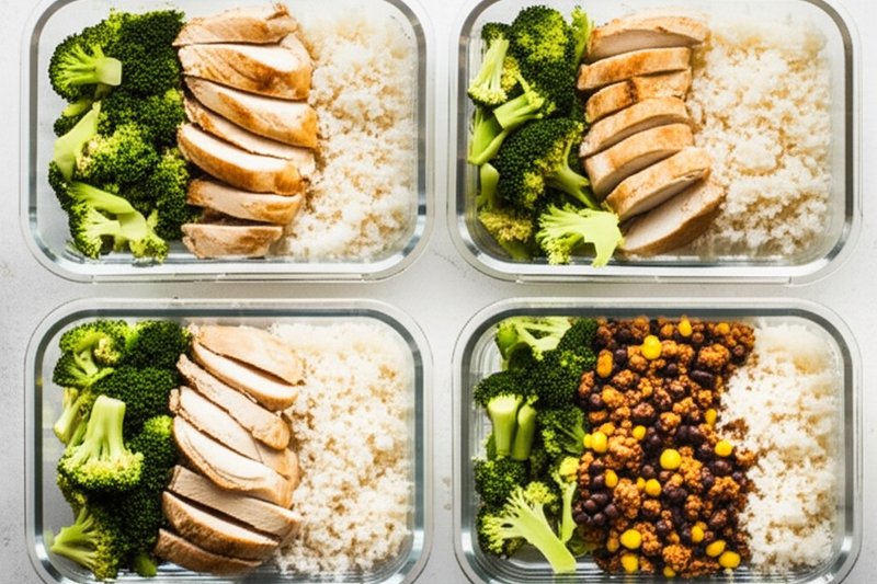 Finished meal prep containers with chicken rice bowls and turkey taco bowls